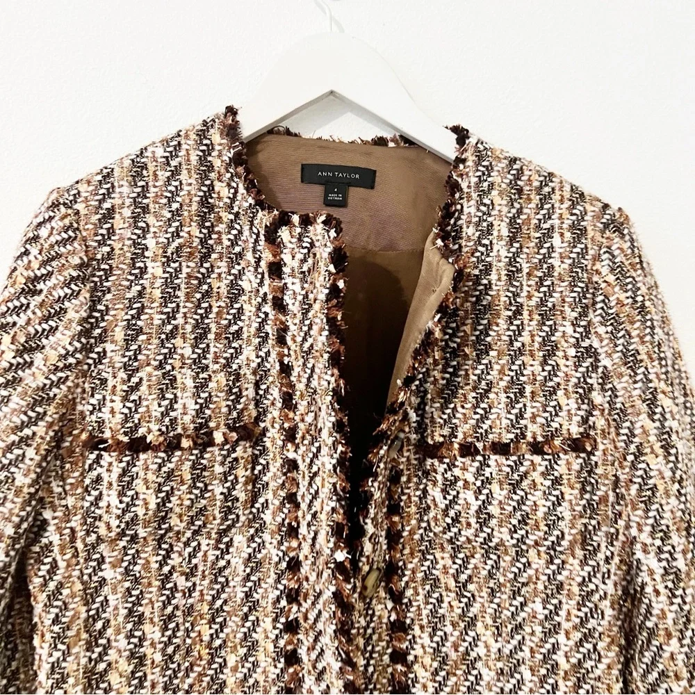 Ann Taylor Fringe Tweed Brown Jacket Blazer Size 4 - Picture 5 of 7